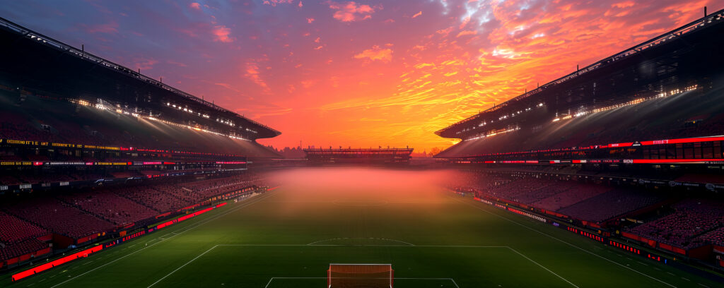 Beautiful cricket ground under vibrant evening sky with stadium lights on.